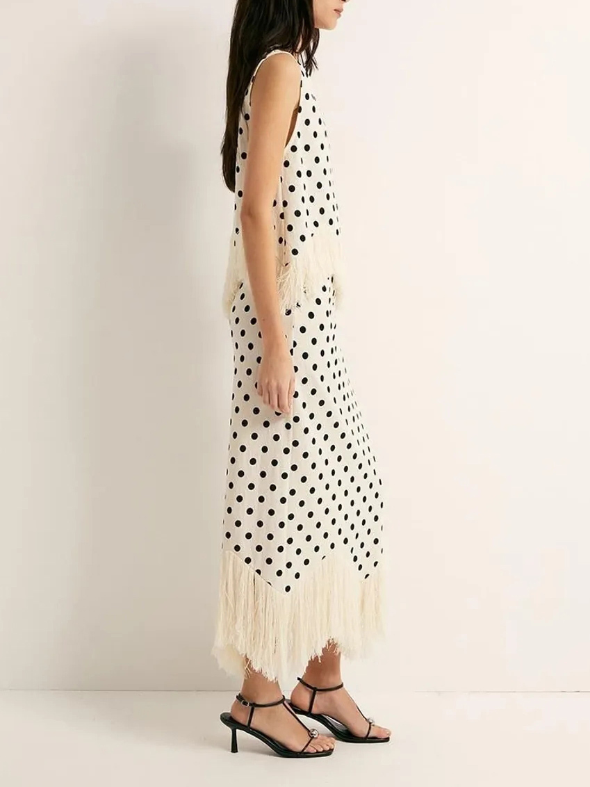Elegant Polka Dot Fringed Asymmetrical Skirt Two-Piece Set