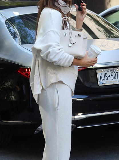 Classic Double Soft Turtleneck Side Zipper Sweatshirt and Elastic Waist Pocketed Loose Pants Set