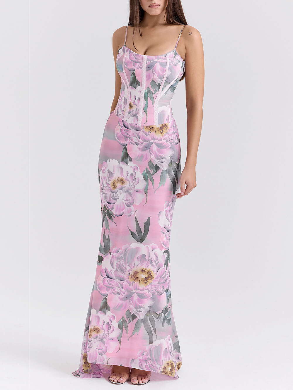 Retro Pink Floral Print Corset Maxi Dress