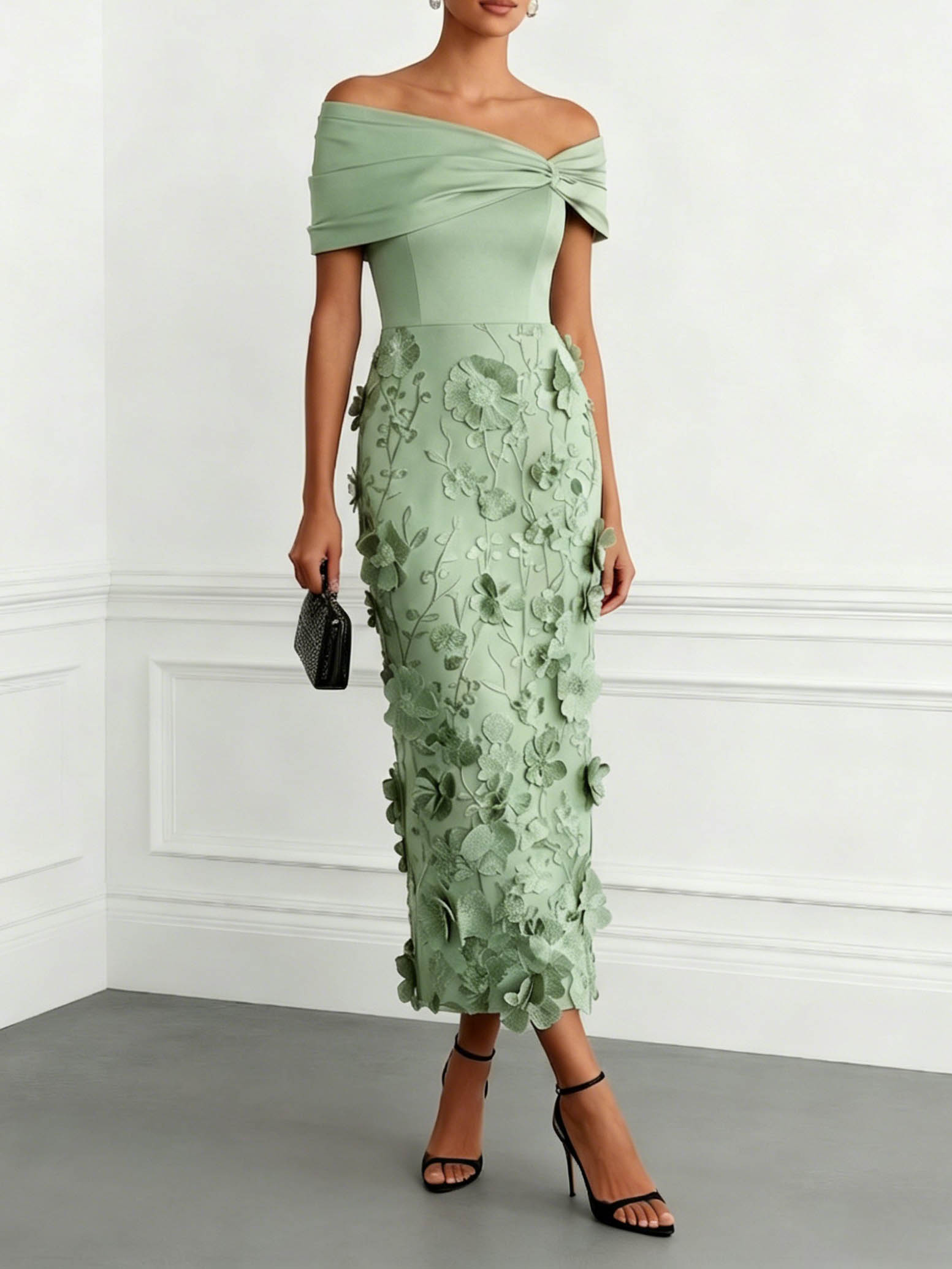 Vestido Maxi Off-Shoulder Elegante con Bordado Floral