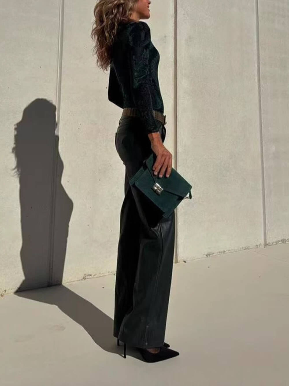 Casual Draped High-Rise Straight-Leg Leather Pants