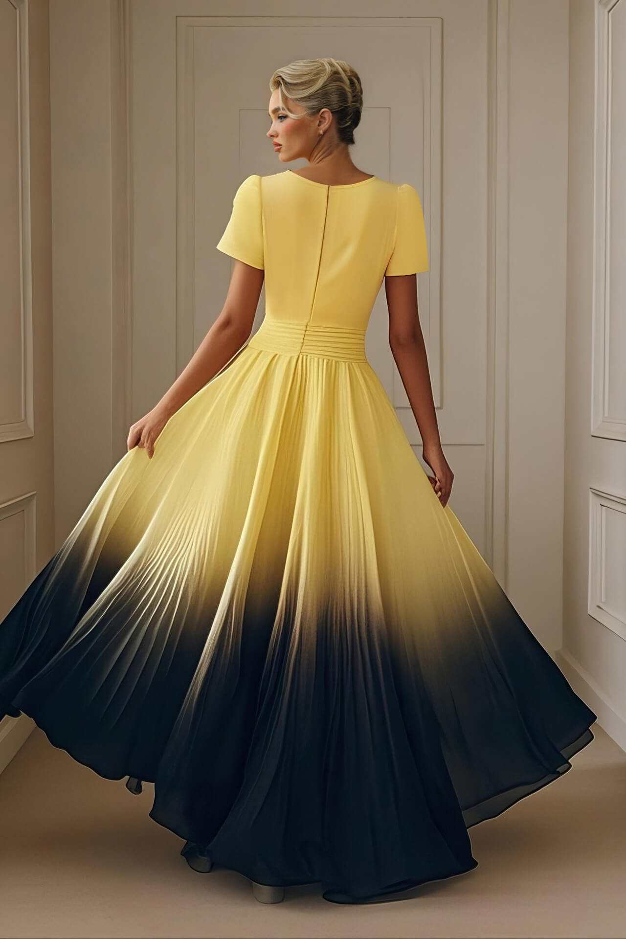 Exquisite Yellow Gradient Tie-Dye Print Flared Slit Maxi Dress