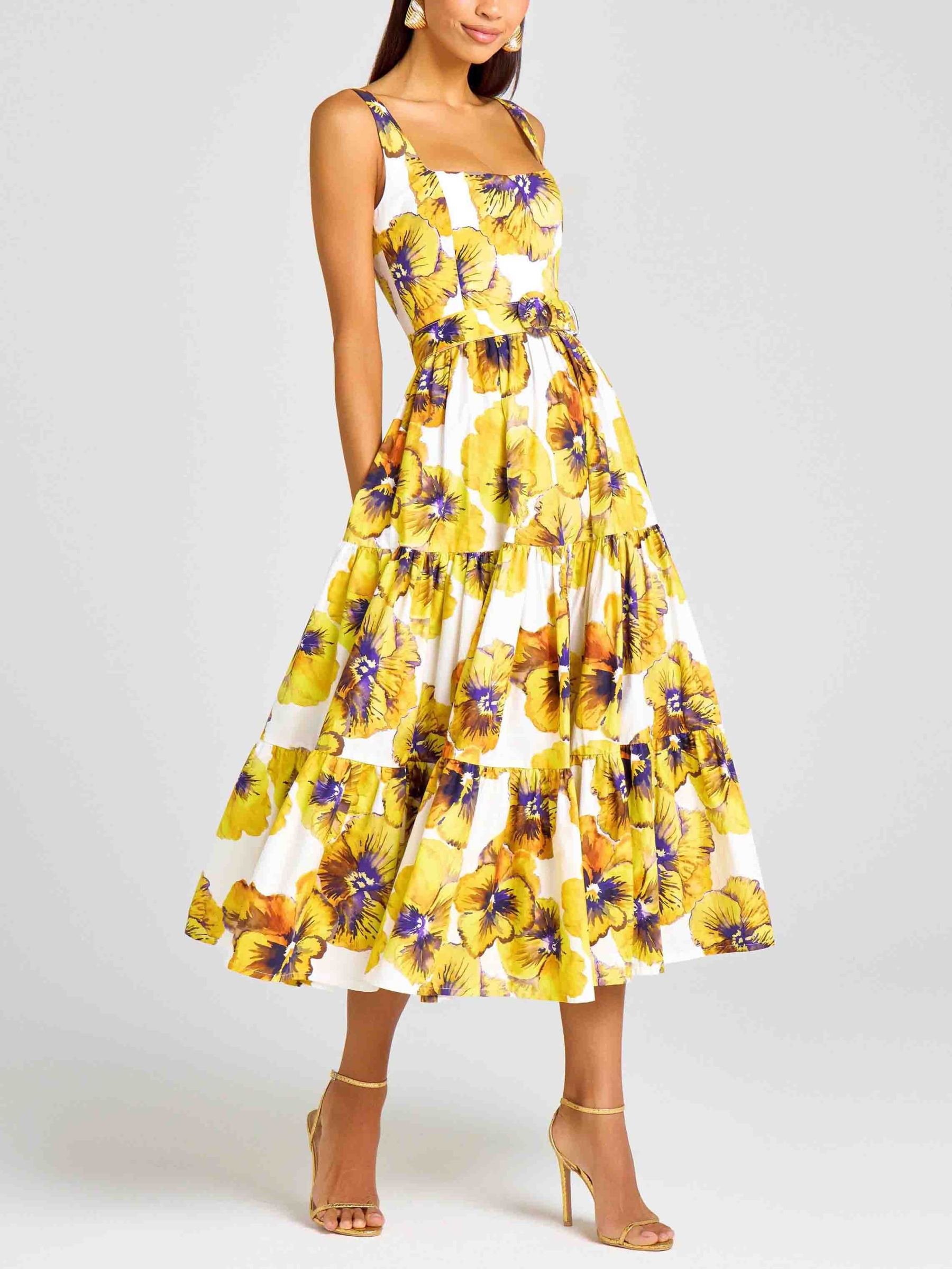Elegant Pansy Print Midi Dress