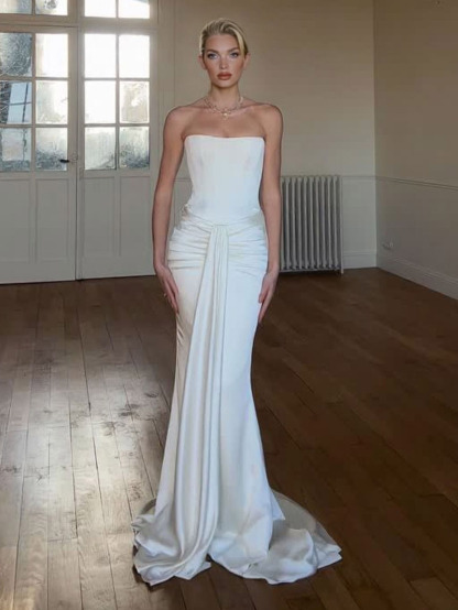 Elegant Strapless Ruched Drape Maxi Dress