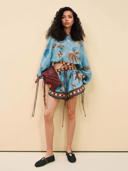 Boho Print Color Block Drawstring Drop Shoulder Top and Shorts Set