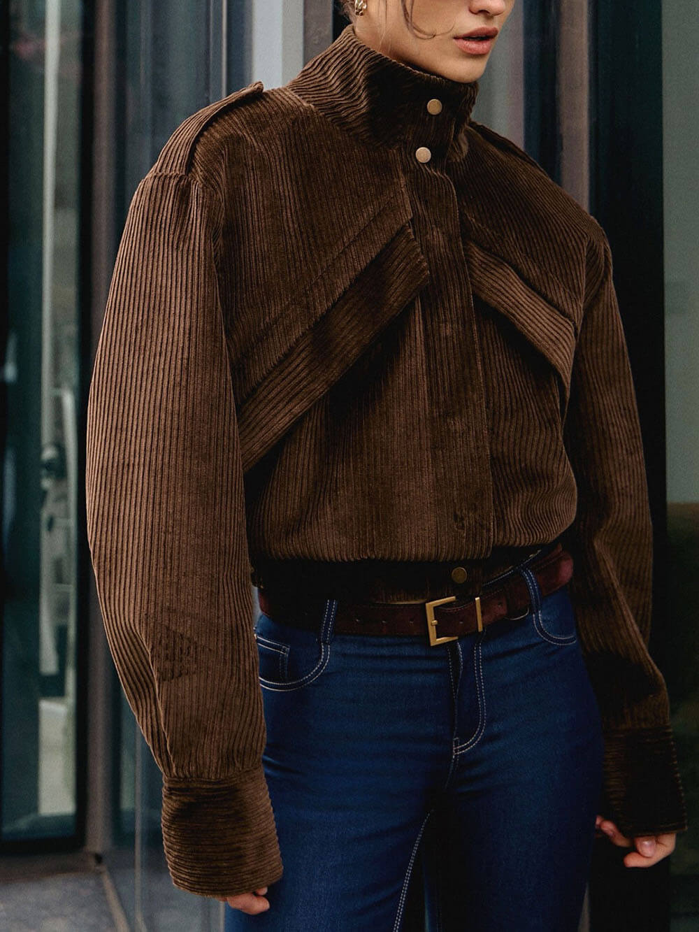 Chic Casual Biker-Style Corduroy Jacket