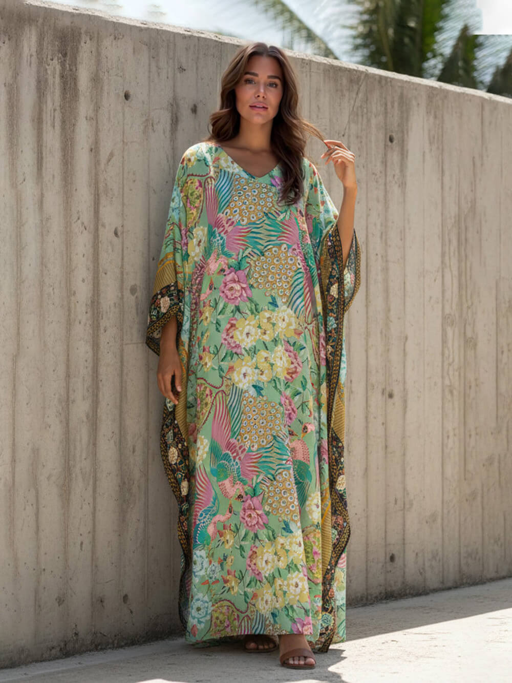 Modern Casual Peacock Print Kimono Beach Maxi Dress