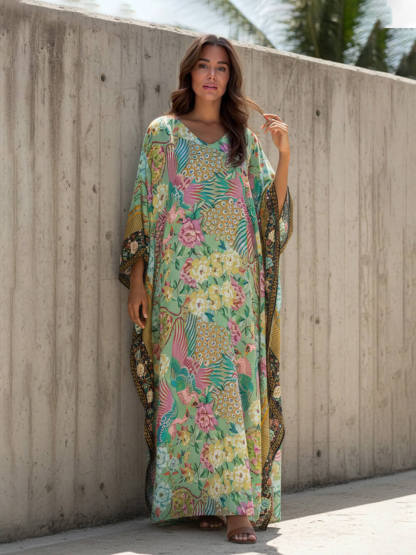 Modern Casual Peacock Print Kimono Beach Maxi Dress