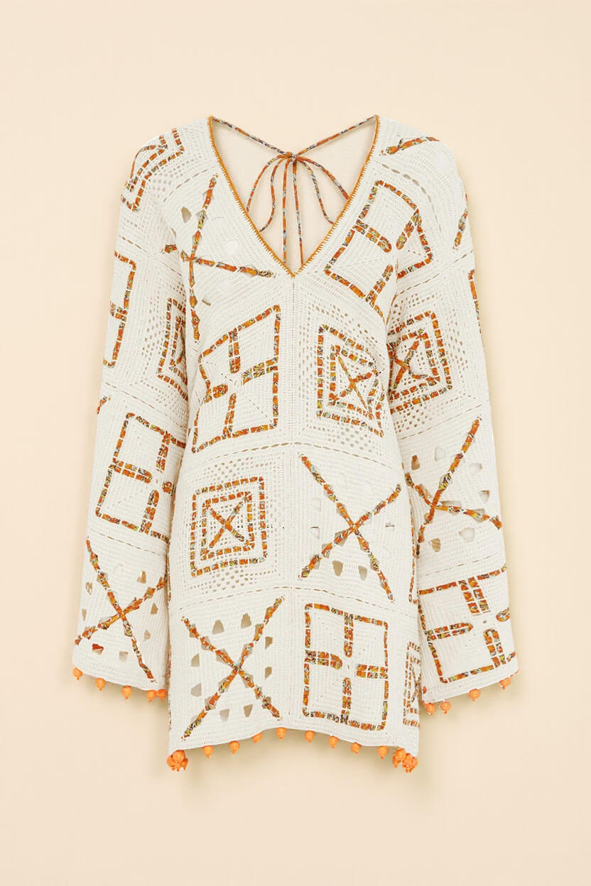 Exquisite Color-Block Print V-Neck Crochet Mini Dress