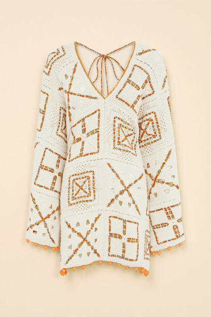 Exquisite Color-Block Print V-Neck Crochet Mini Dress