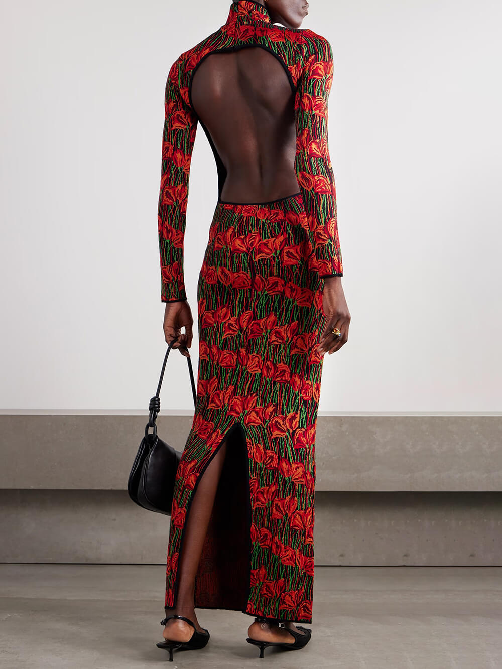 Elegant Open-Back Printed High-Neck With Back Slit Maxi Dress
