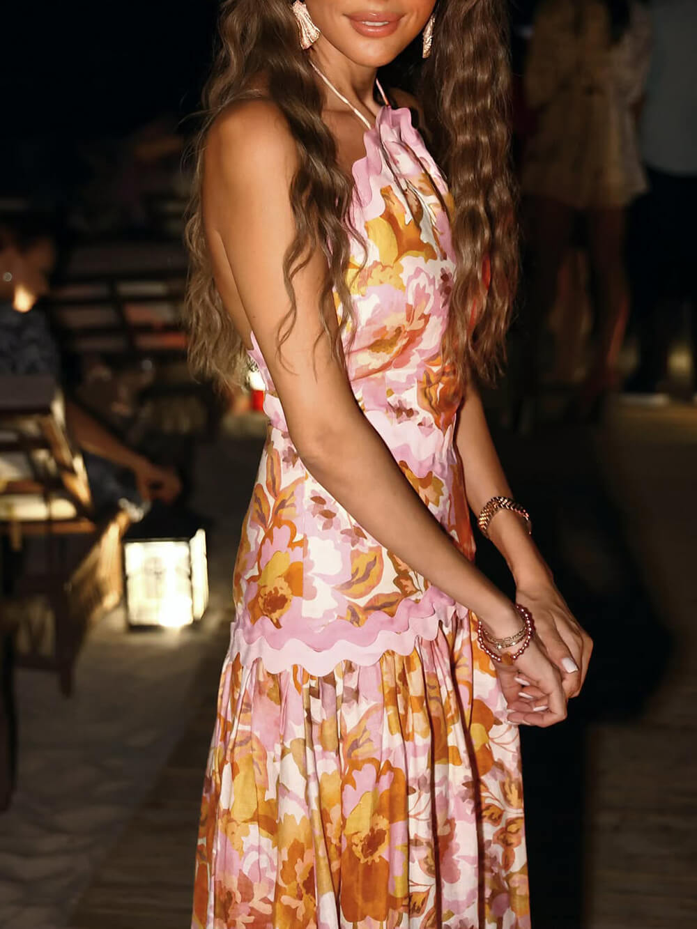 Delicate Ruffle Trim Backless Printed Maxi Dress