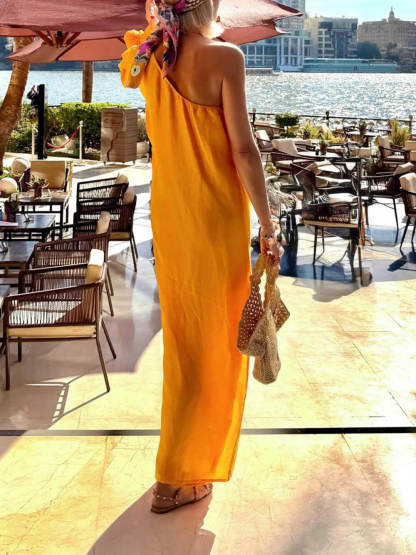 Boho One-Shoulder Slit Vacation Maxi Dress
