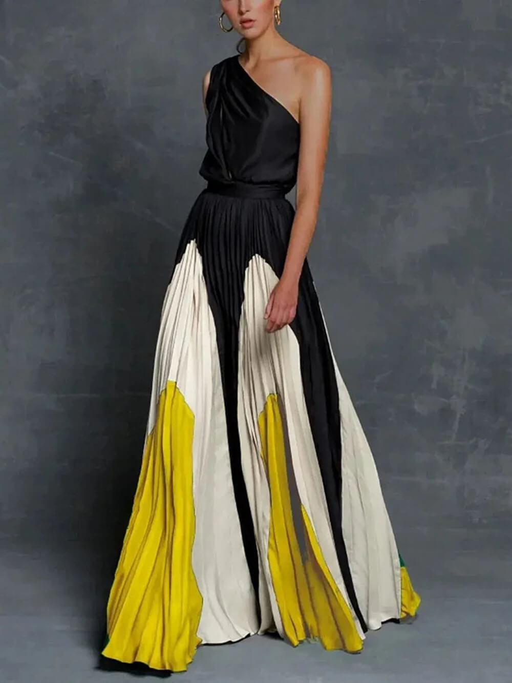 Elegant One-Shoulder Colorblock Ruched Maxi Dress