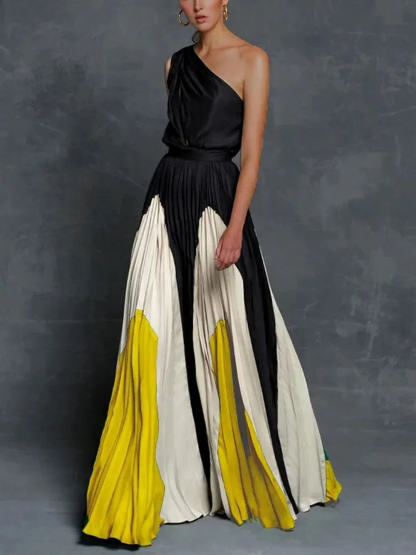 Elegant One-Shoulder Colorblock Ruched Maxi Dress