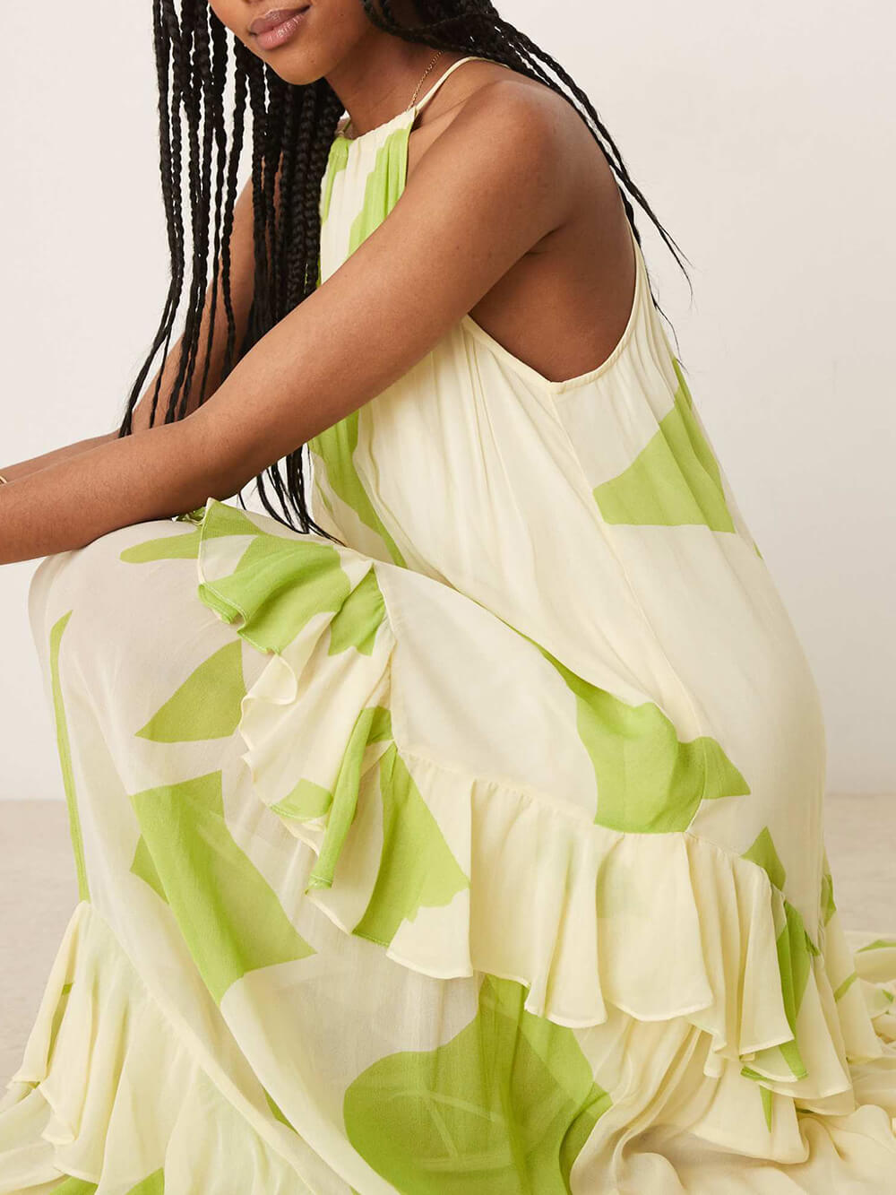 Exquisite Abstract Print Backless Tiered Ruffle Maxi Dress
