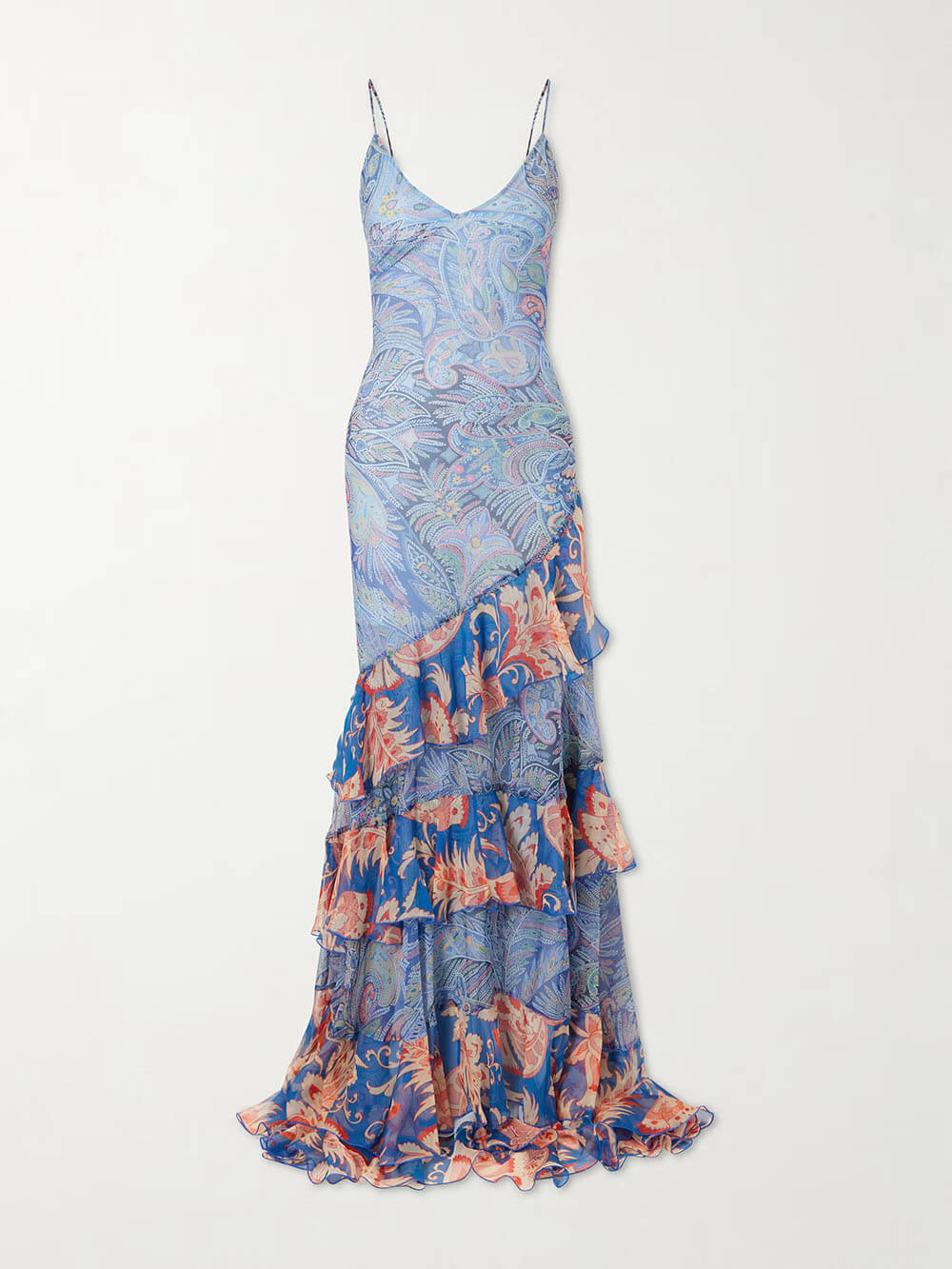 Delicate Ruffled Tiered Paisley Floral Print Chiffon Maxi Dress