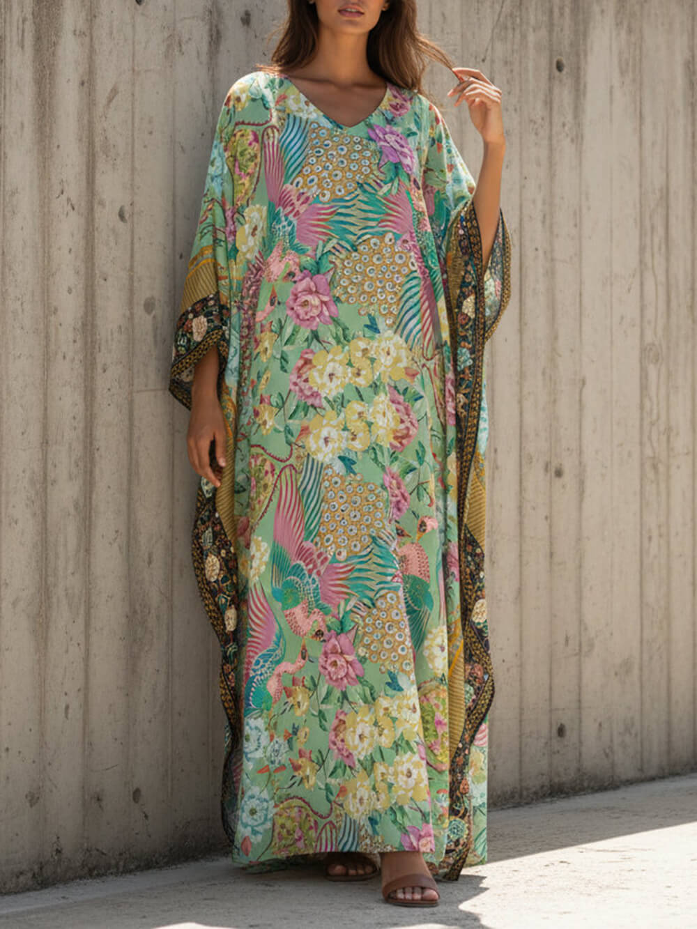 Modern Casual Peacock Print Kimono Beach Maxi Dress