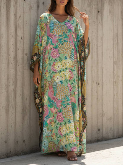Modern Casual Peacock Print Kimono Beach Maxi Dress