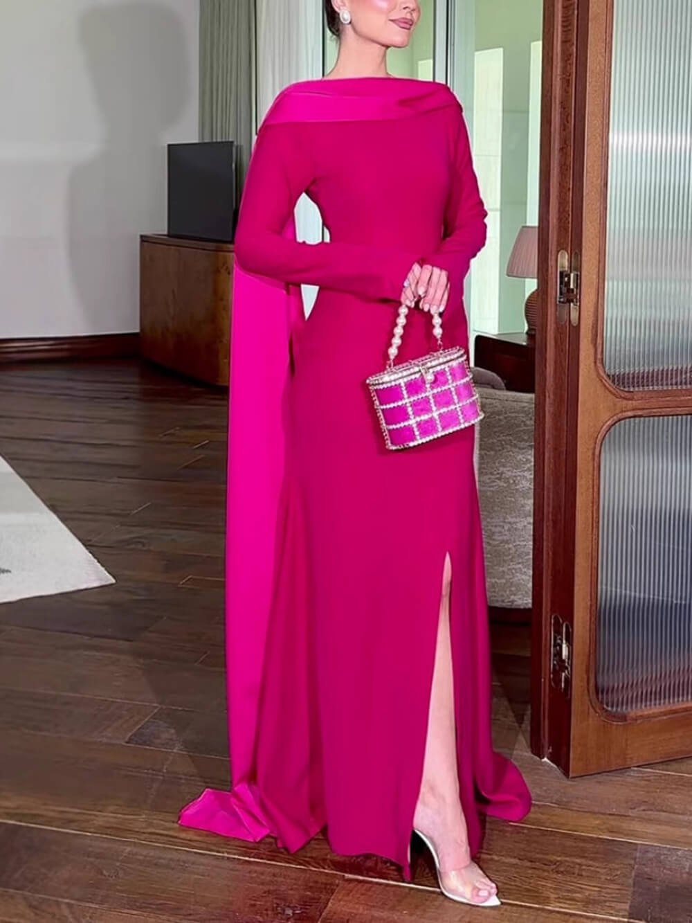 Elegant Slit Hip-Wrap Shawl Ribbon Evening Maxi Dress