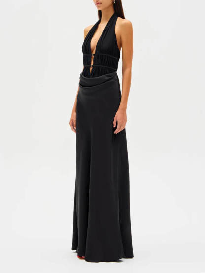 Elegant Mesh Ruched Satin Backless Maxi Dress