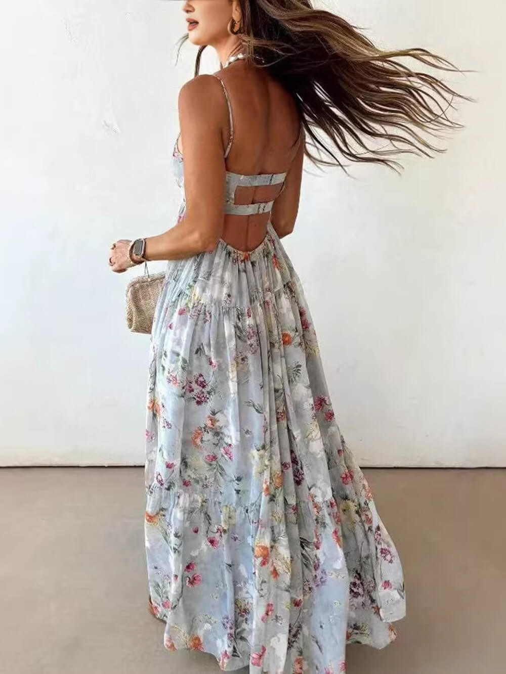 Bohemian Floral Print Spaghetti Strap Flowy Maxi Dress