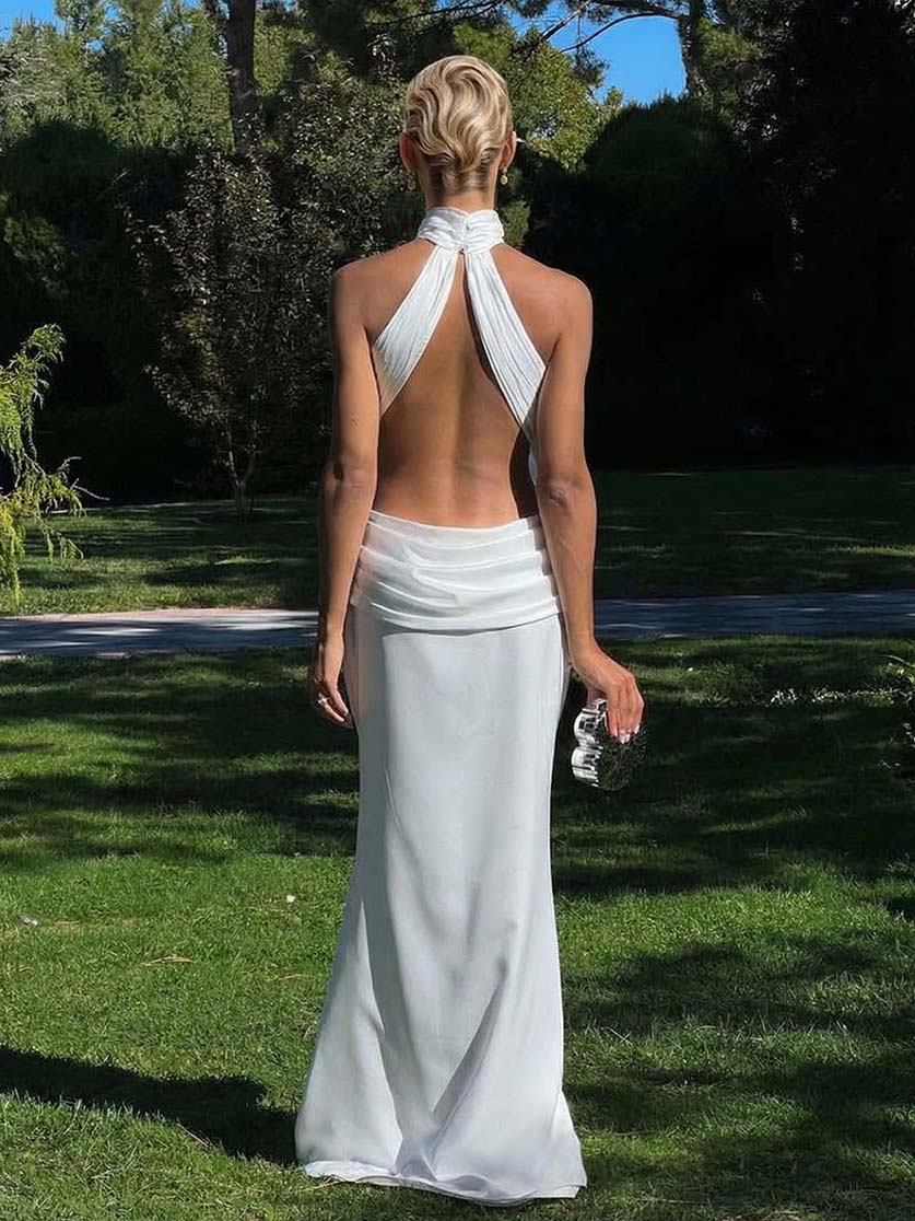 Elegant Satin Backless Ruched Bodycon Maxi Dress