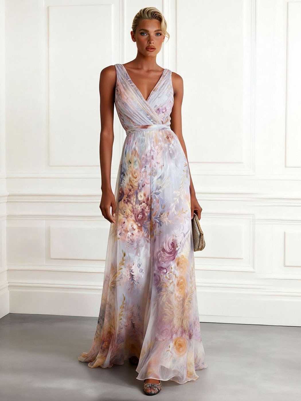 Elegant Floral Print V-Neck Sleeveless Chiffon Maxi Dress