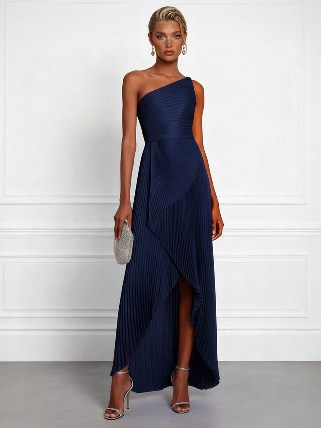 Elegant One-Shoulder Pleated Asymmetrical High-Slit Maxi Dress