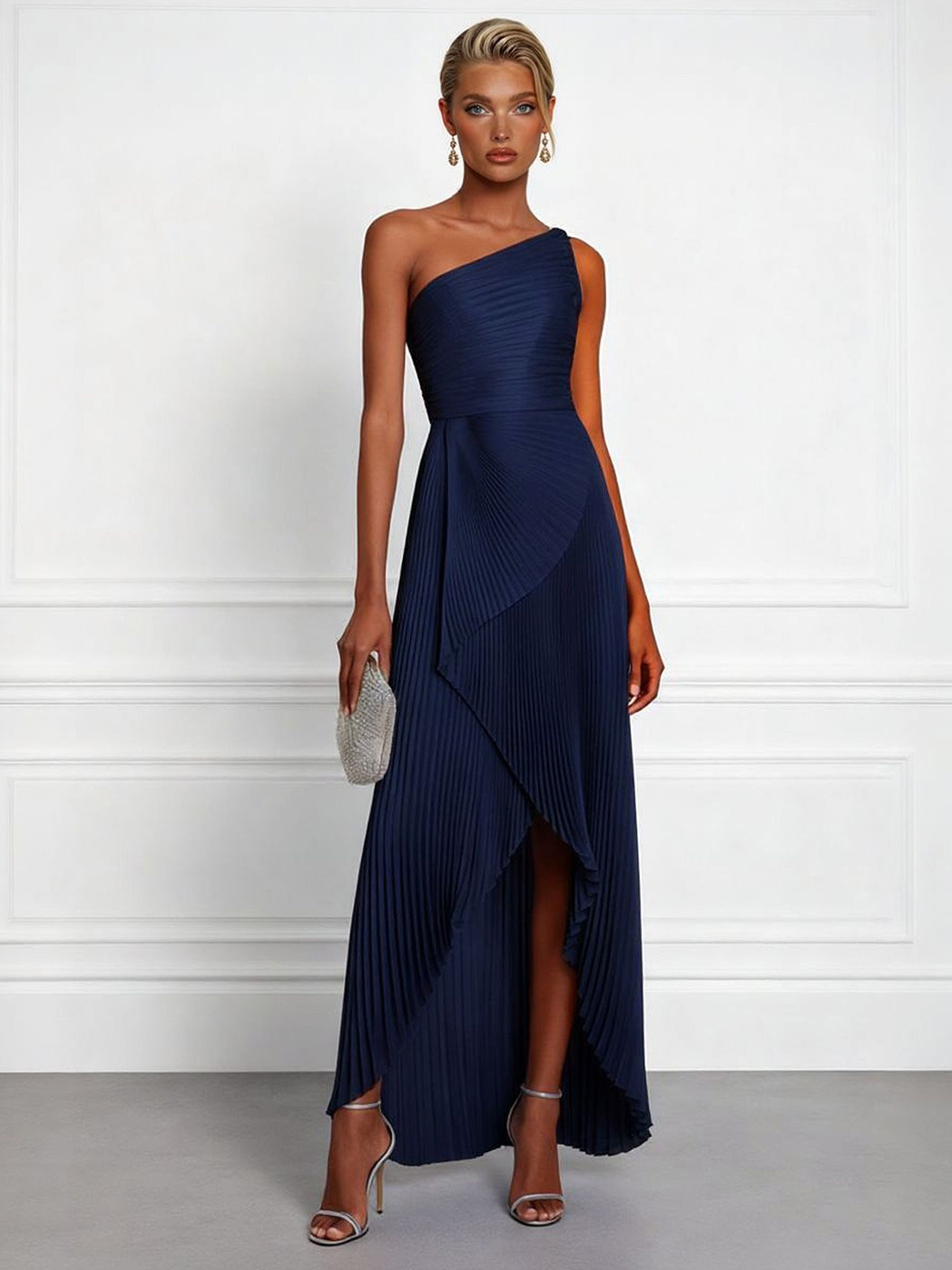 Elegant One-Shoulder Pleated Asymmetrical High-Slit Maxi Dress