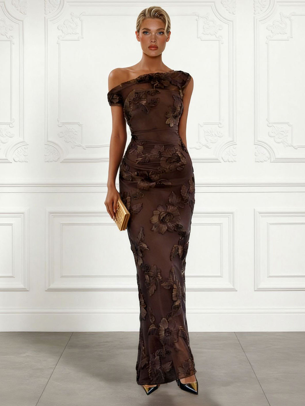 Elegant Floral Embroidered Mesh One-Shoulder Maxi Dress