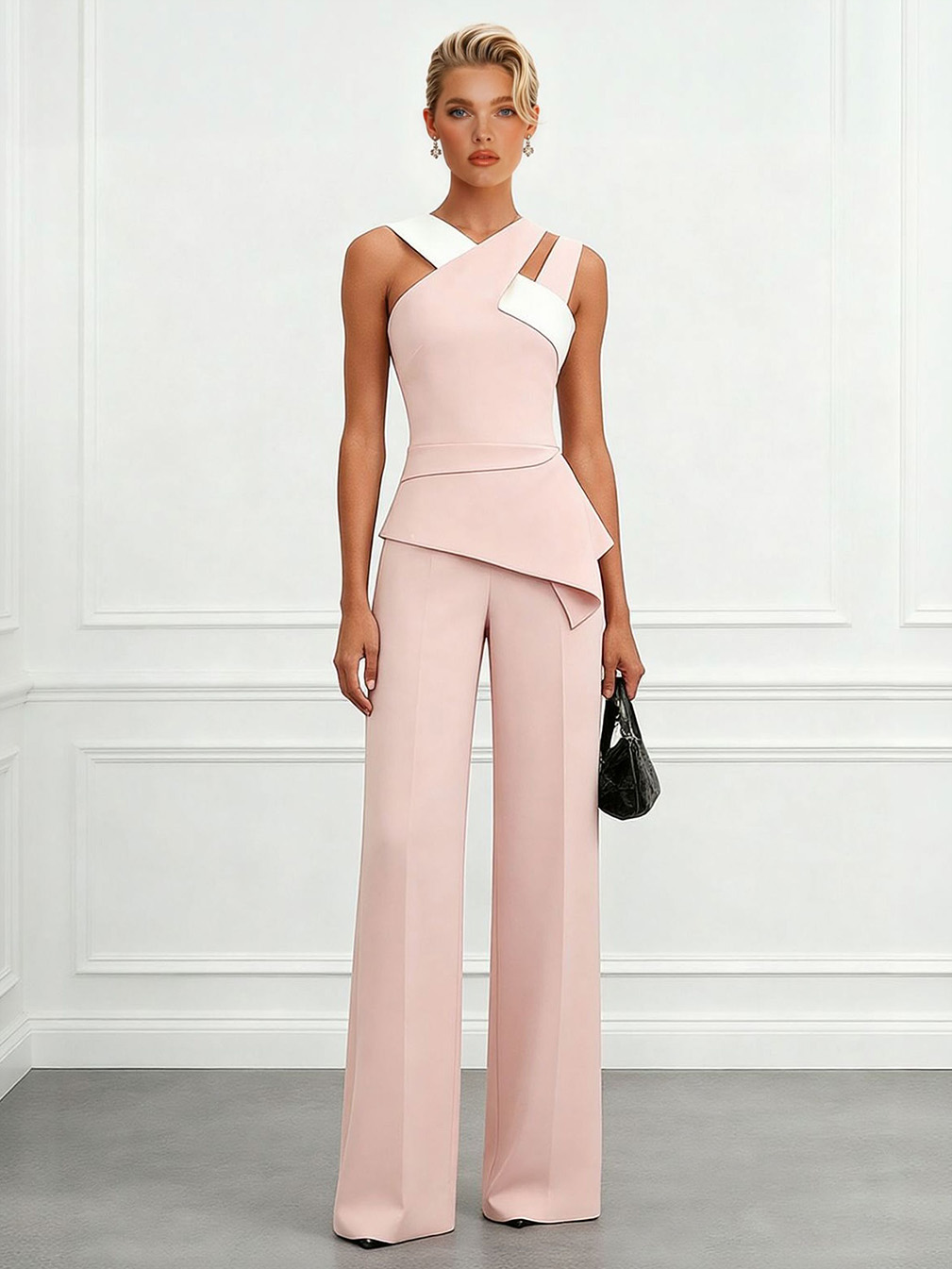 Elegant Colorblock Asymmetric Top & Wide-Leg Pants Two-Piece Set