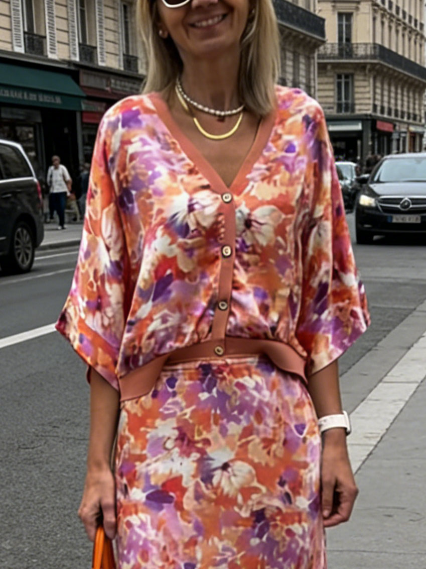 Exquisite Floral Print Satin Two-Piece Set