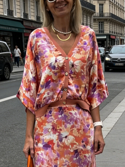 Exquisite Floral Print Satin Two-Piece Set