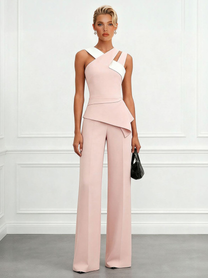 Elegant Colorblock Asymmetric Top & Wide-Leg Pants Two-Piece Set