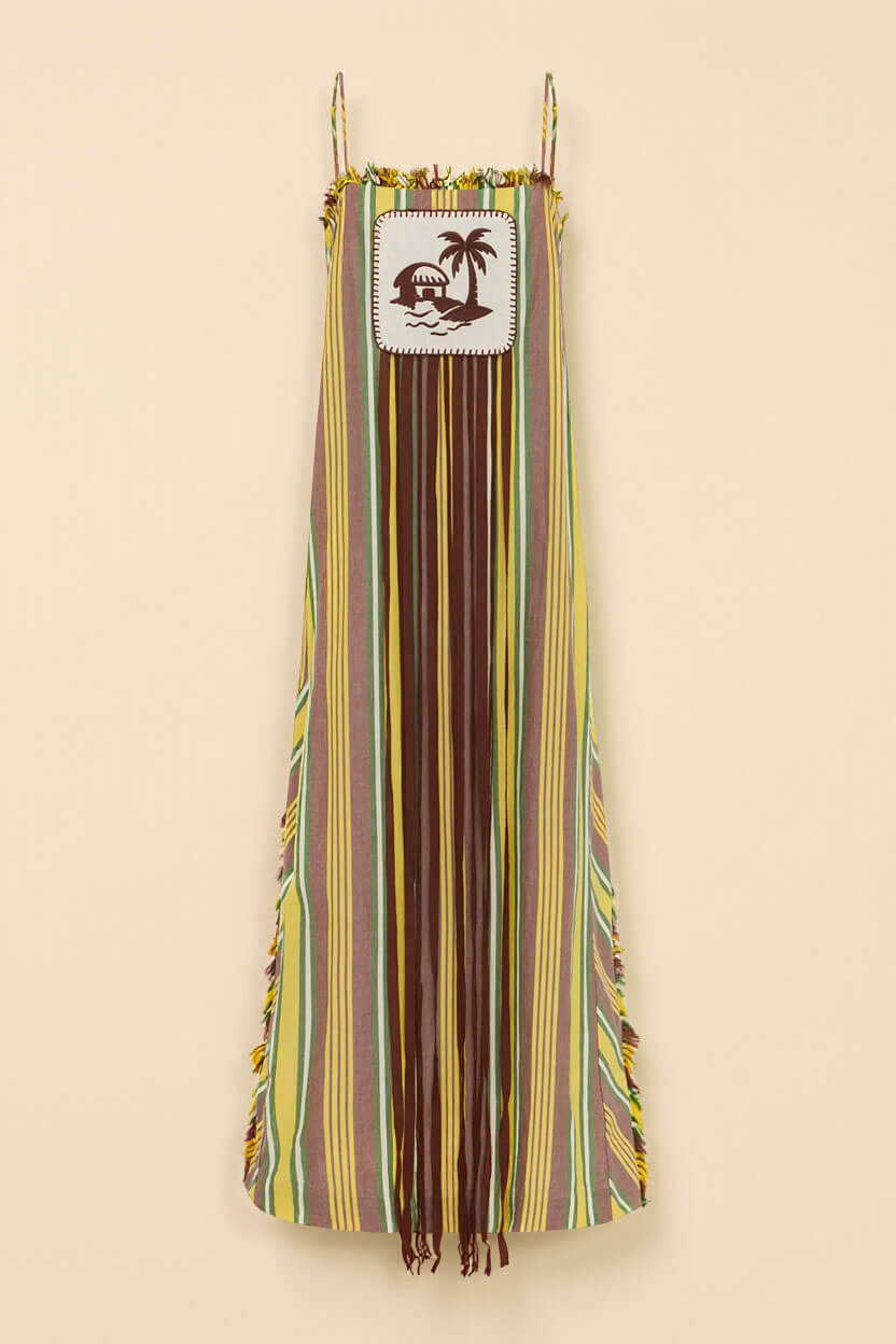 Retro Striped Palm Tree Print Spaghetti Strap Slit Maxi Dress