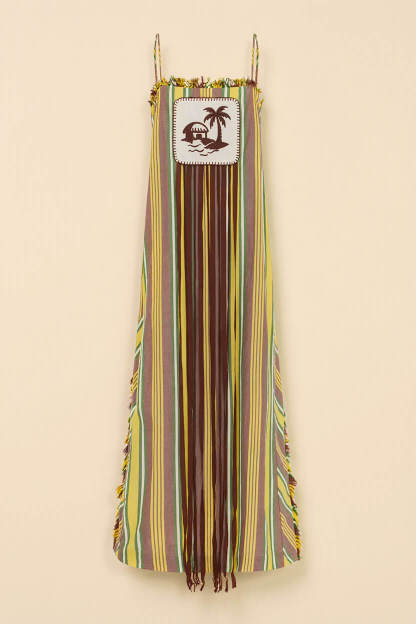Retro Striped Palm Tree Print Spaghetti Strap Slit Maxi Dress