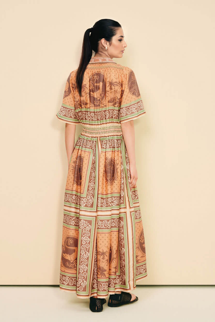 Modern Print Waist-Defined Ruched Button-Front Pocket Maxi Shirtdress