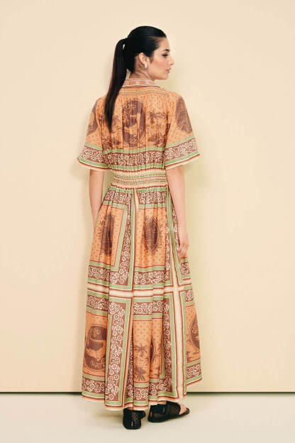 Modern Print Waist-Defined Ruched Button-Front Pocket Maxi Shirtdress