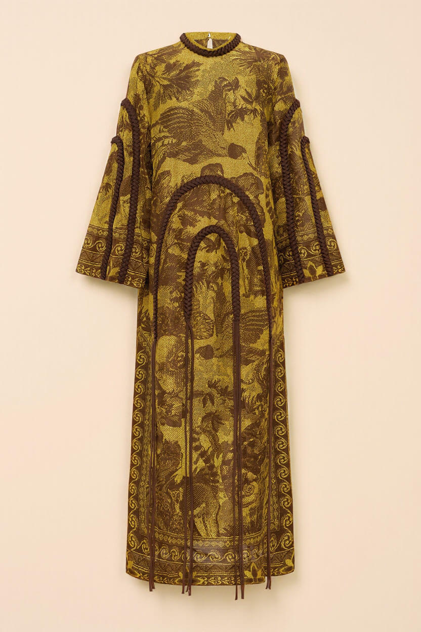 Retro Print Woven Tassel Loose Midi Dress