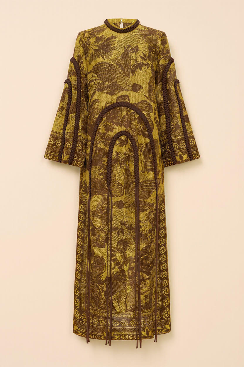 Retro Print Woven Tassel Loose Midi Dress