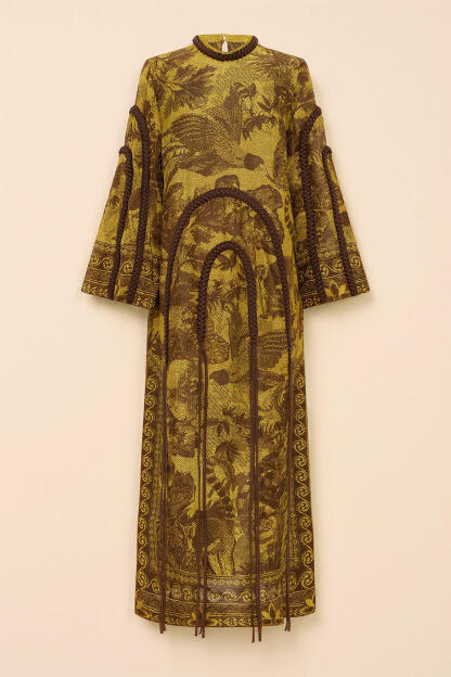 Retro Print Woven Tassel Loose Midi Dress