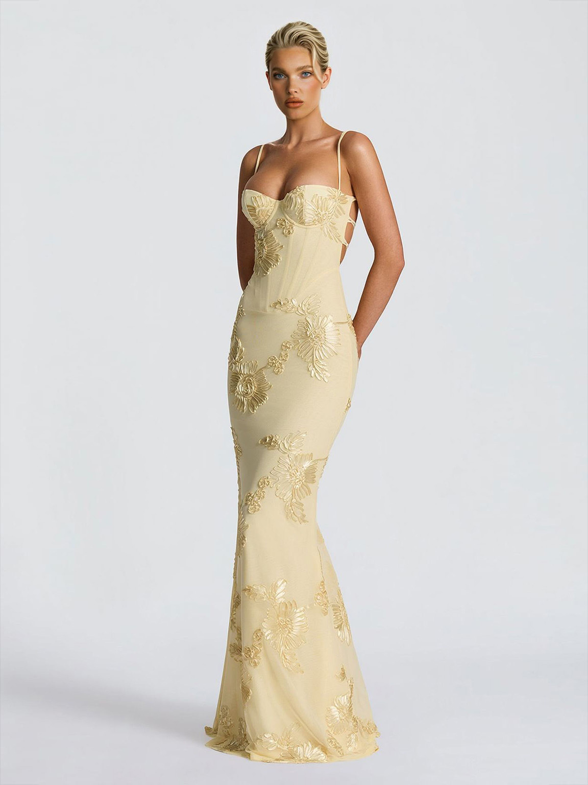 Elegant Floral Embroidered Spaghetti Strap Mermaid Maxi Dress