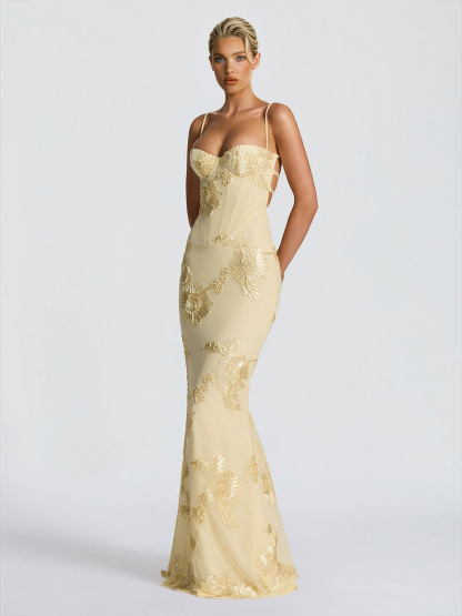 Elegant Floral Embroidered Spaghetti Strap Mermaid Maxi Dress