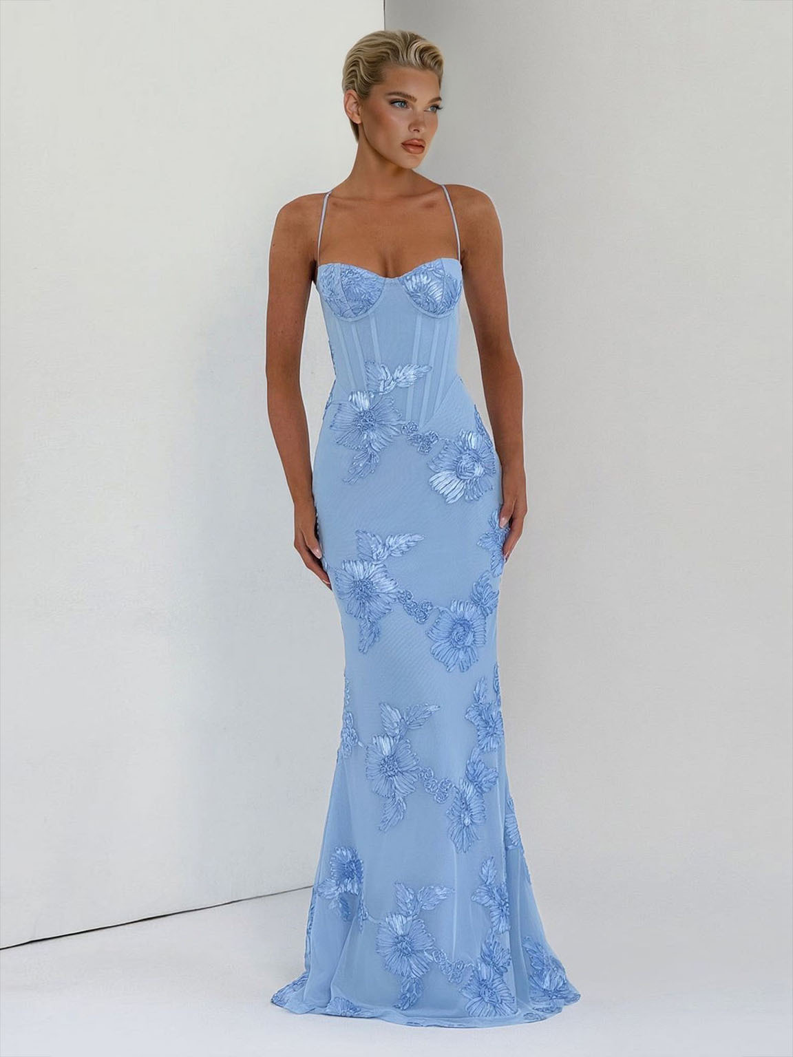 Elegant Floral Embroidered Spaghetti Strap Mermaid Maxi Dress