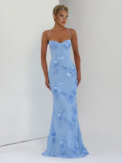 Elegant Floral Embroidered Spaghetti Strap Mermaid Maxi Dress