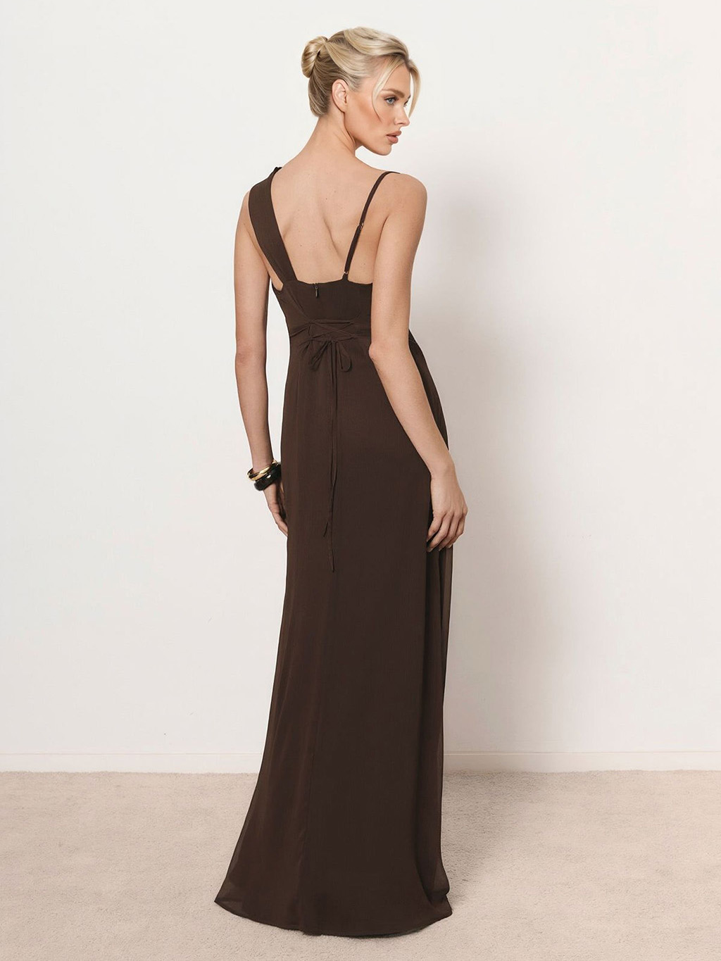 Elegant Lace Panel Draped Neck Sleeveless Maxi Dress