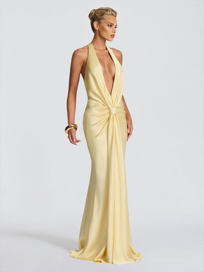 Elegant Backless Twist Front Satin Maxi Dress
