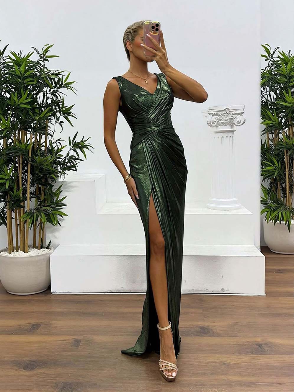 Elegant V-neck Draped Evening Gown Maxi Dress