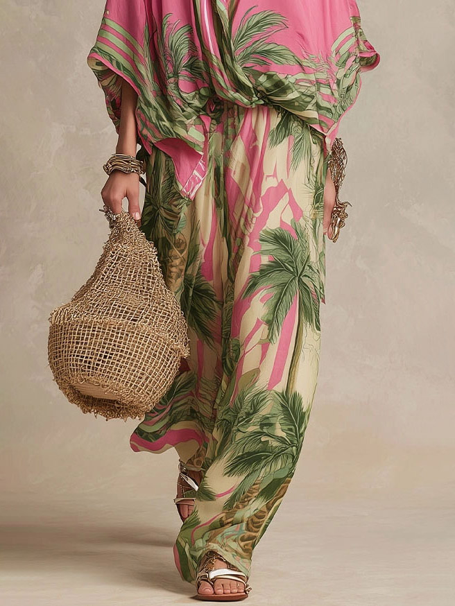 Bohemian Tropical Print High-Waist Wide-Leg Pants